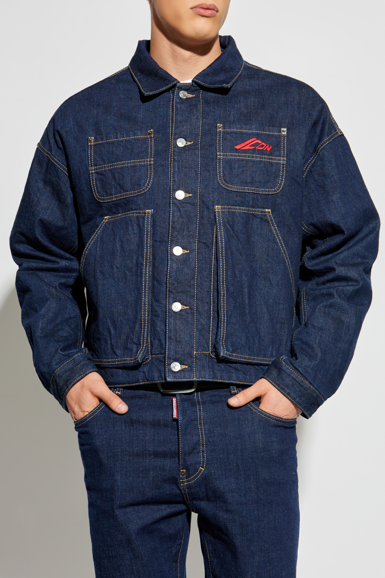 Men's Dsquared2 Denim Jacket With Red Leather Panels Euro